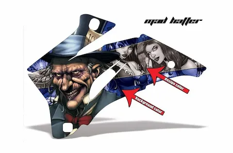 Mad Hatter design sample with arrows marking the design color and the background color